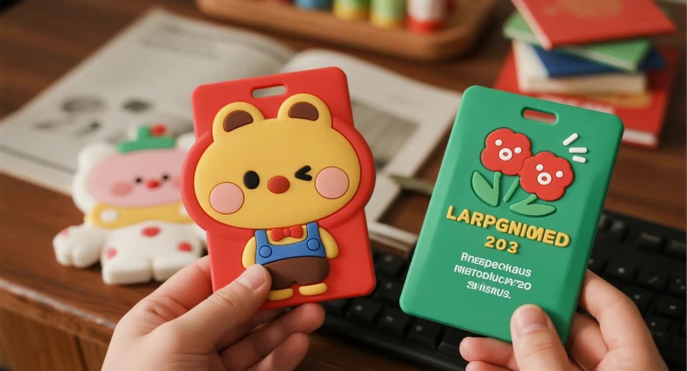 Cartoon silicone card holder from FromRubber being gently squeezed - soft yet firm, holds bank card without bending