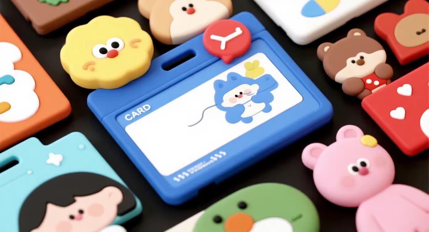 Collection of cartoon silicone card holders with animal faces: panda, cat, dinosaur, unicorn, suitable for all ages