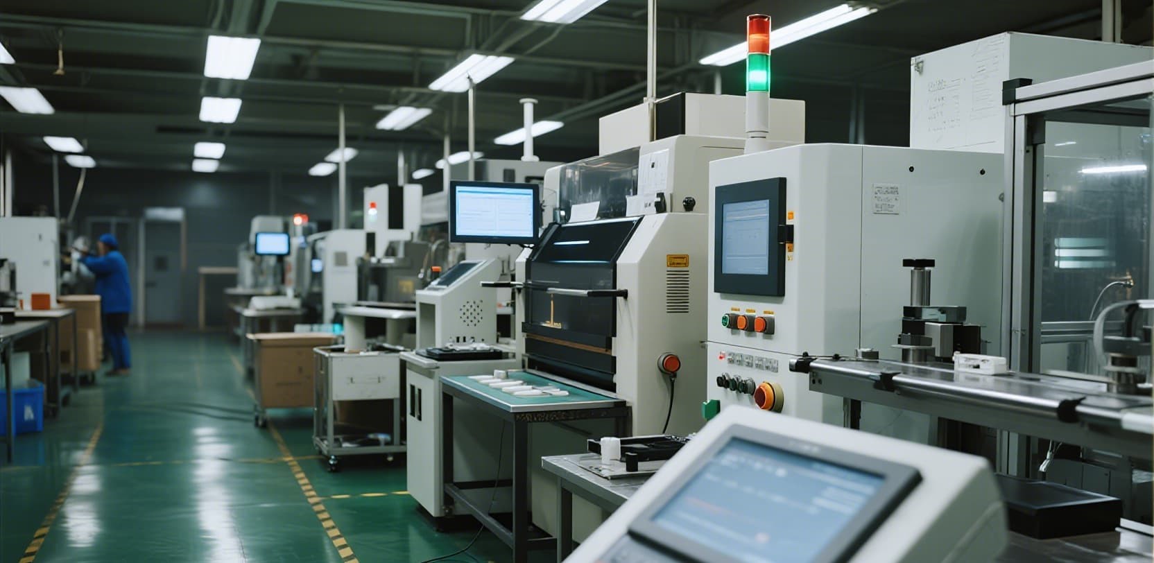 Industrial manufacturing facility with advanced production equipment, representing silicone keypad factory environment