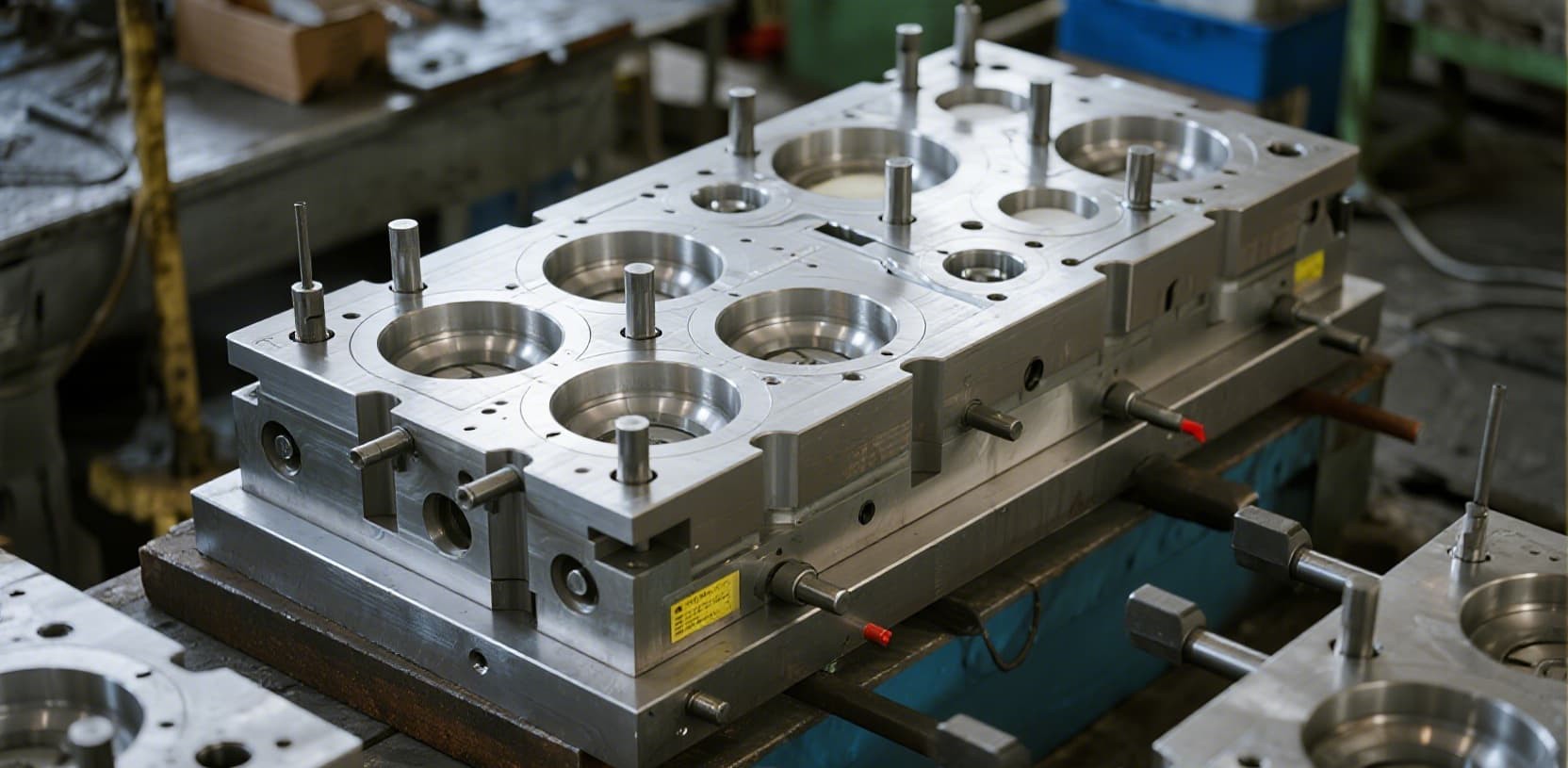 Engineering team reviewing silicone keypad mold design on tablet in manufacturing facility