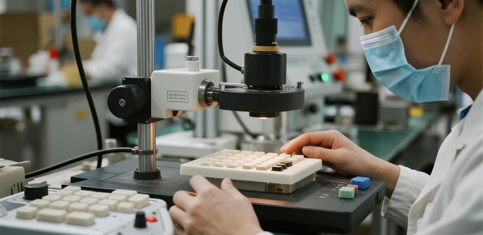 Quality control engineer inspecting silicone rubber keypad components