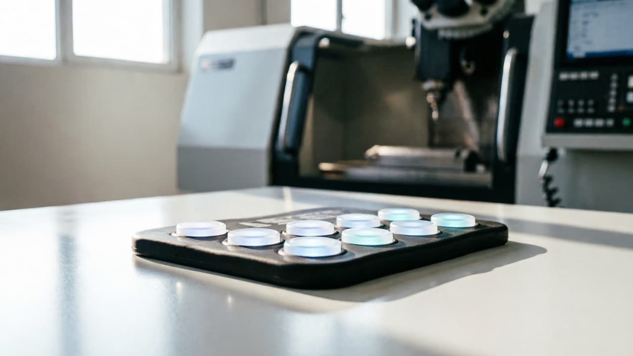 Silicone rubber control panel with backlit LED buttons on factory workbench