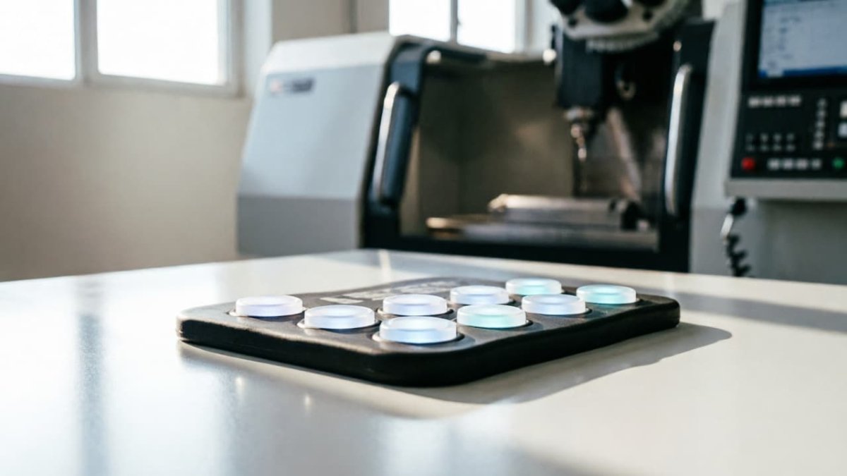 Silicone rubber inner keypad resting on a workbench in front of a CNC machine at the FromRubber factory