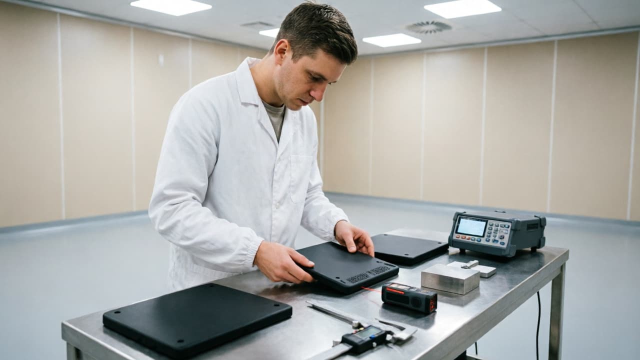 Factory quality inspector examining silicone rubber control panel components