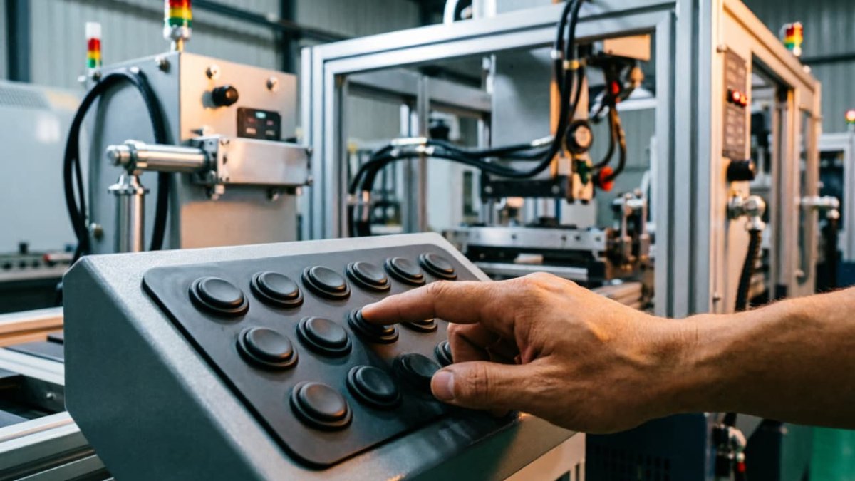 Operator pressing a silicone inner keypad control panel on an automated production line