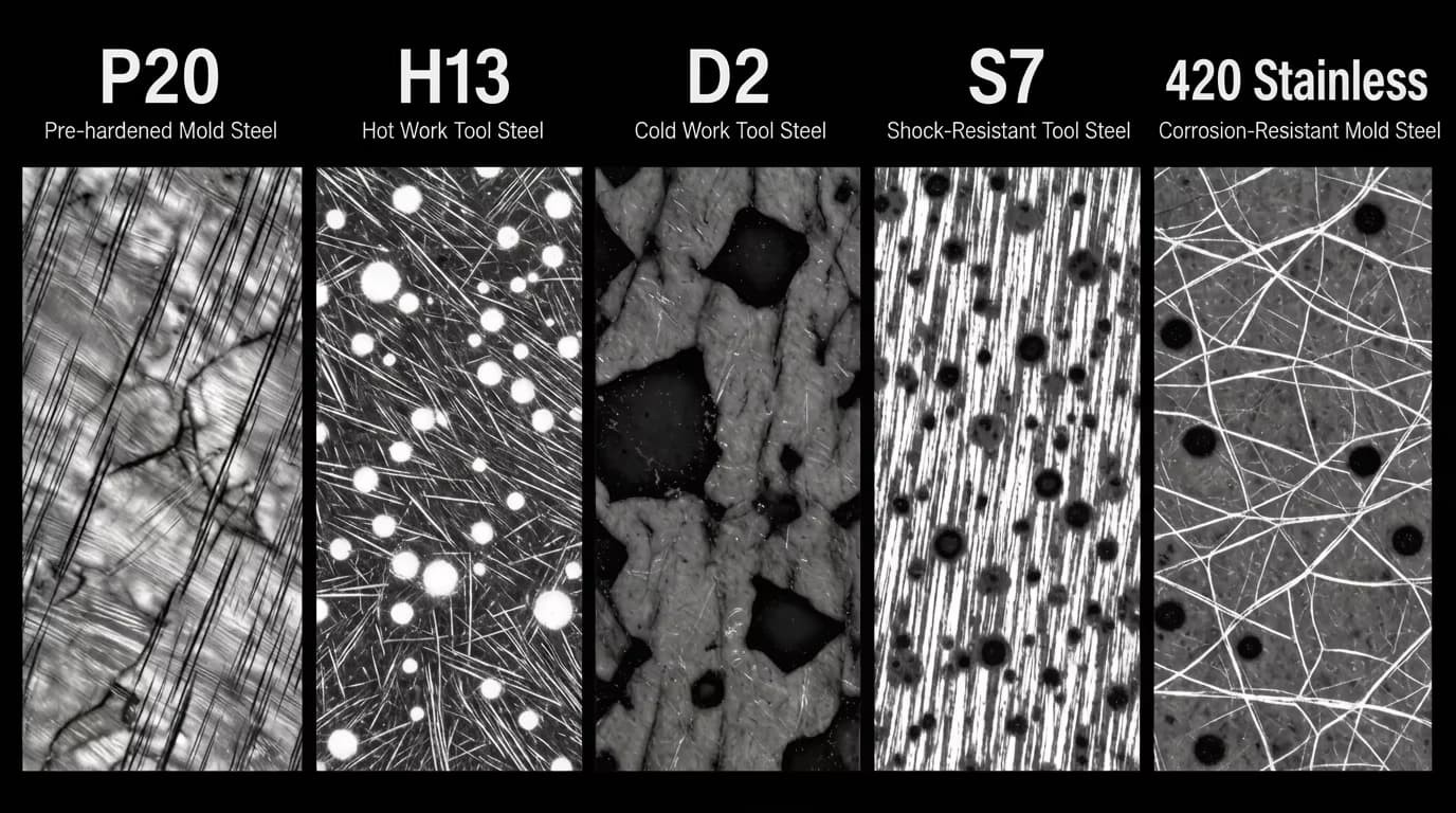 Side-by-side micrograph comparison of P20, H13, D2, S7, and 420 Stainless mold steel grades showing grain structure differences