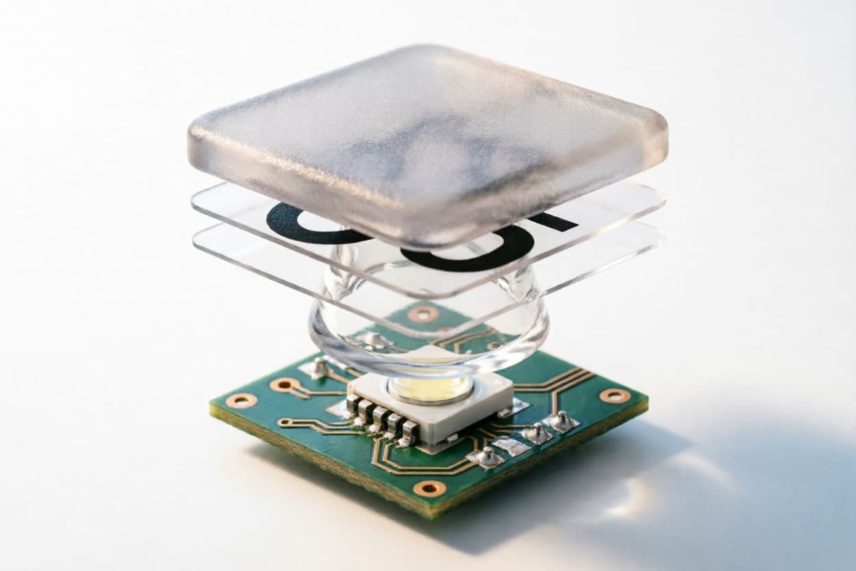 Exploded view of backlit silicone keypad structure with LED and PCB