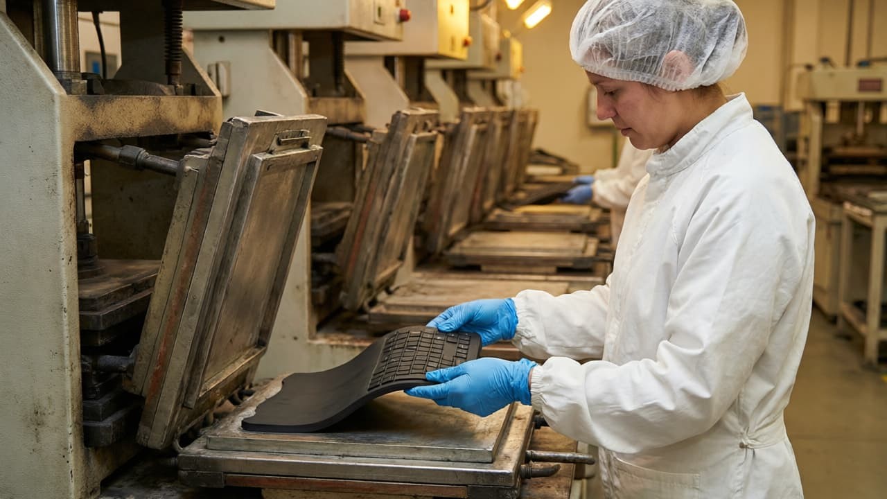Operator removing a molded silicone keypad from a vacuum compression molding machine