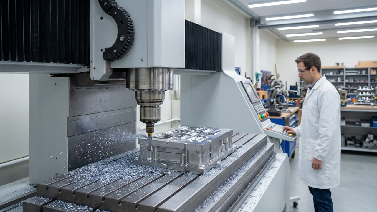 CNC machine cutting a precision steel mold for silicone keypads