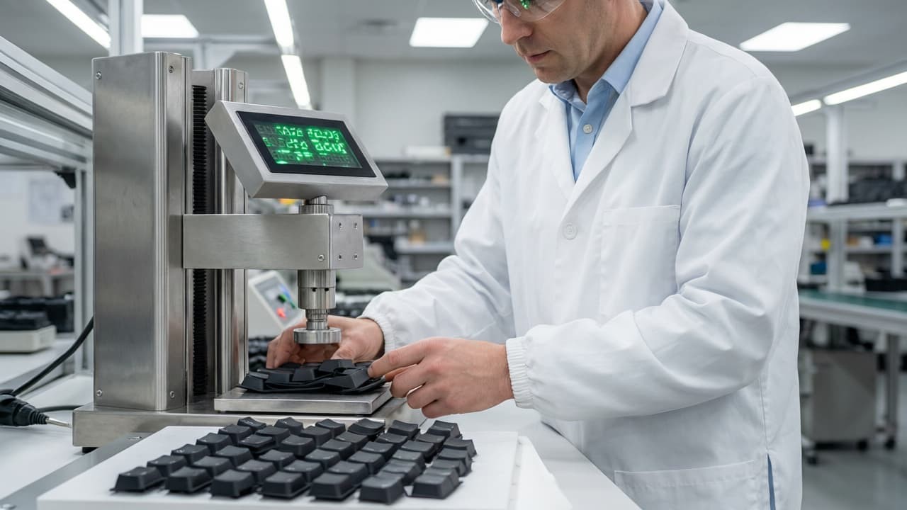 Quality control engineer testing silicone keypad press life