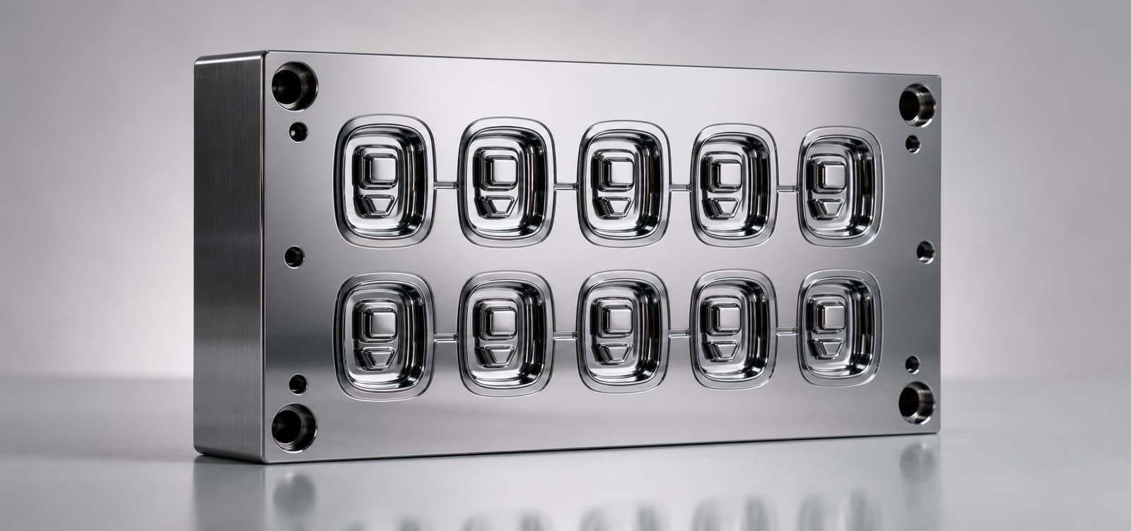 FromRubber: Mirror-polished mold cavity for glossy silicone keypad showing reflective steel surface