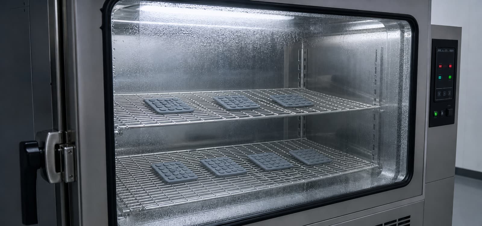 FromRubber: conductive silicone keypad samples placed inside an environmental chamber for humidity and heat exposure testing