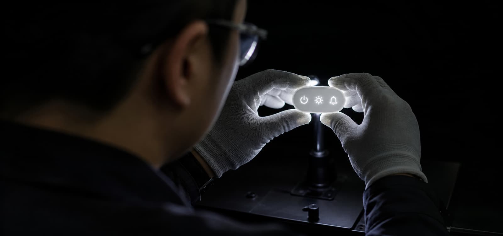 Engineer inspecting a custom silicone keypad for smart home devices with uniform backlighting