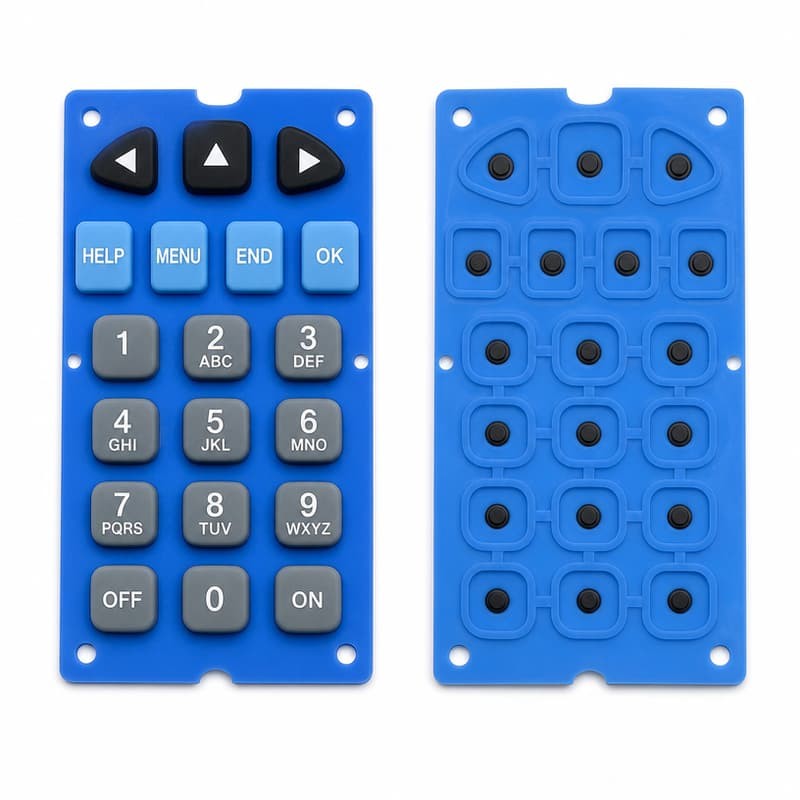 Custom industrial silicone keypads in blue grey and white