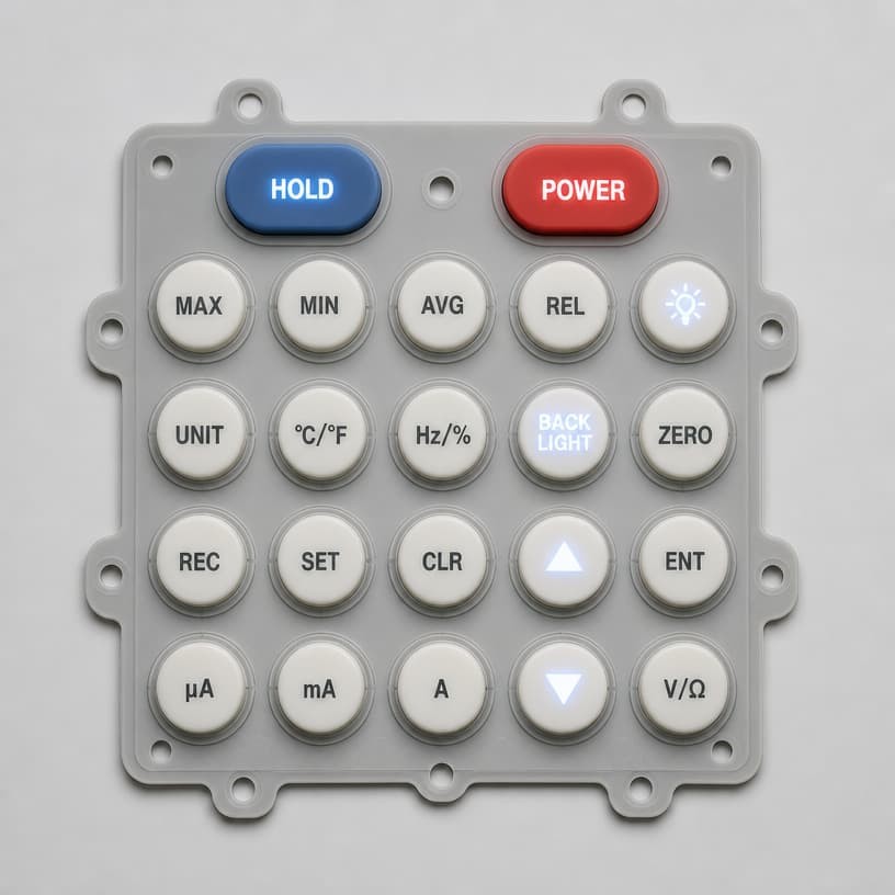 Silicone membrane keypad with mounting holes and gasket features