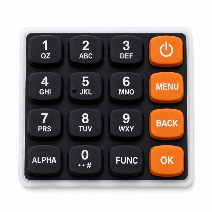 Silicone keypad with color-coded function keys for industrial control
