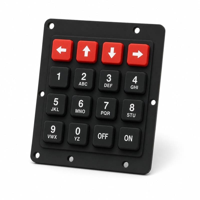 Panel-mount silicone keypad module with directional and numeric keys