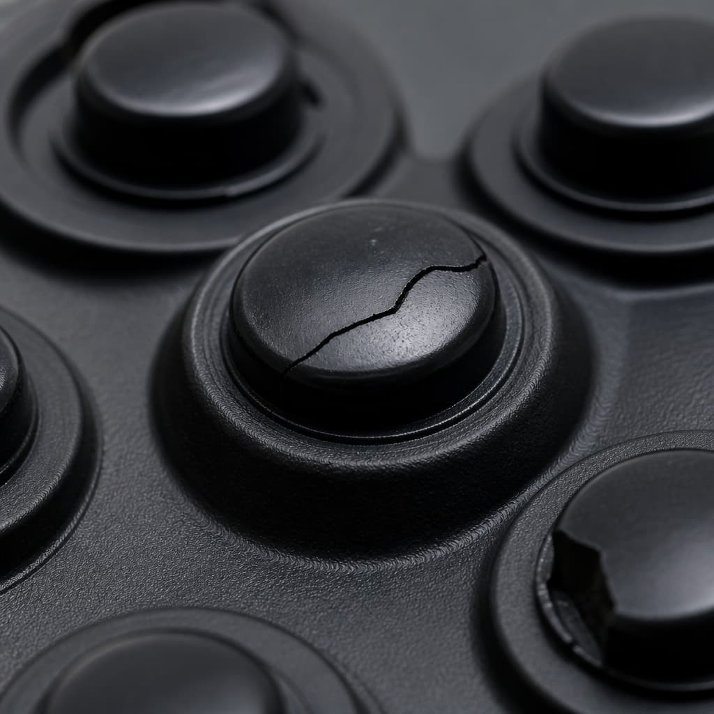 Macro photograph of a cracked conductive button on a silicone keypad