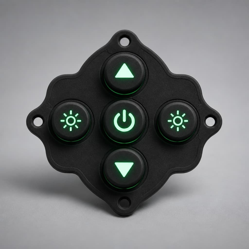 Backlit silicone keypad with glowing icons and light rings on a control panel