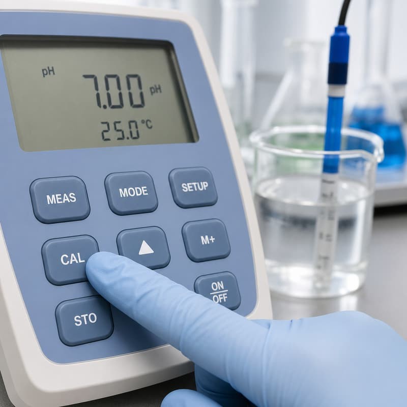 Gloved hand pressing CAL button on a laboratory pH meter keypad