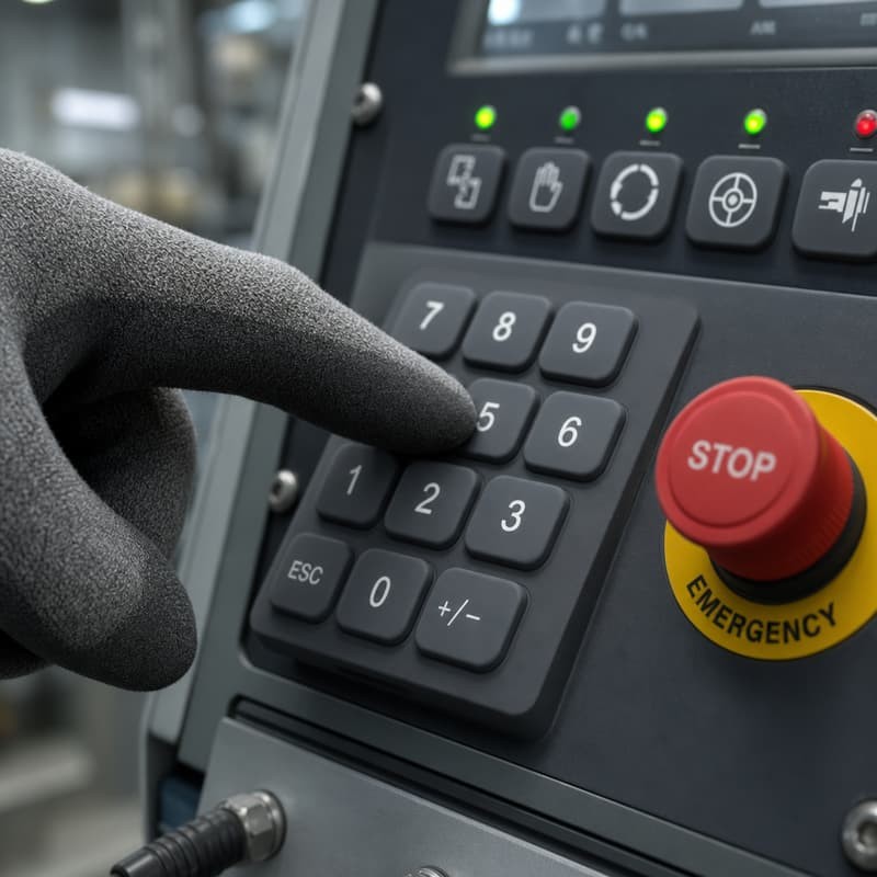 Industrial control panel keypad operated by a gloved hand pressing a key