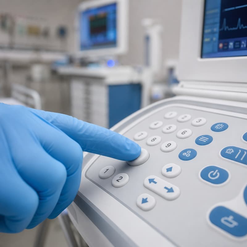 Gloved clinician hand pressing a circular button on medical equipment