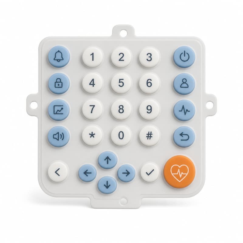 Molded silicone dome keypad with blue and orange function keys