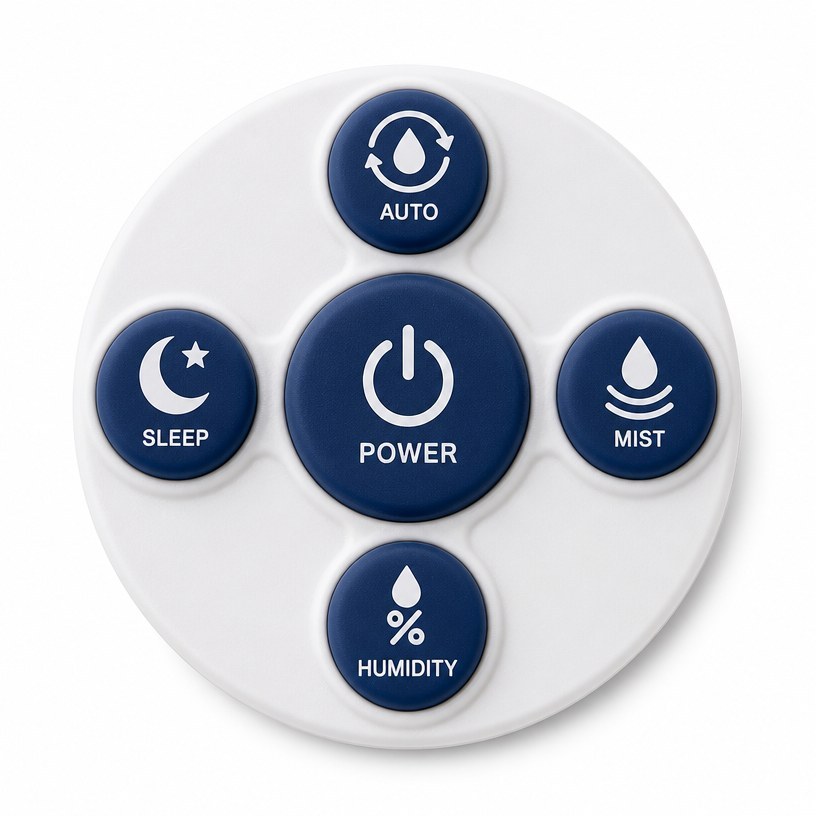 Circular silicone humidifier keypad with navy control buttons