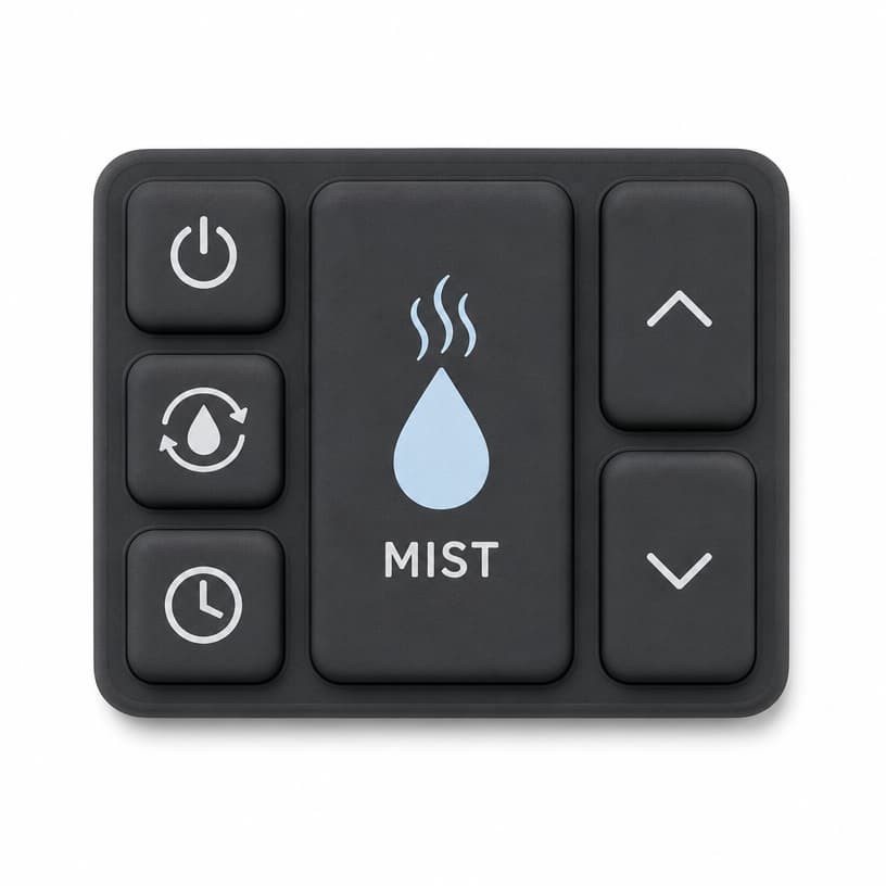 Edge profile of a silicone keypad showing molded alignment rib, adhesive backing, and termination options