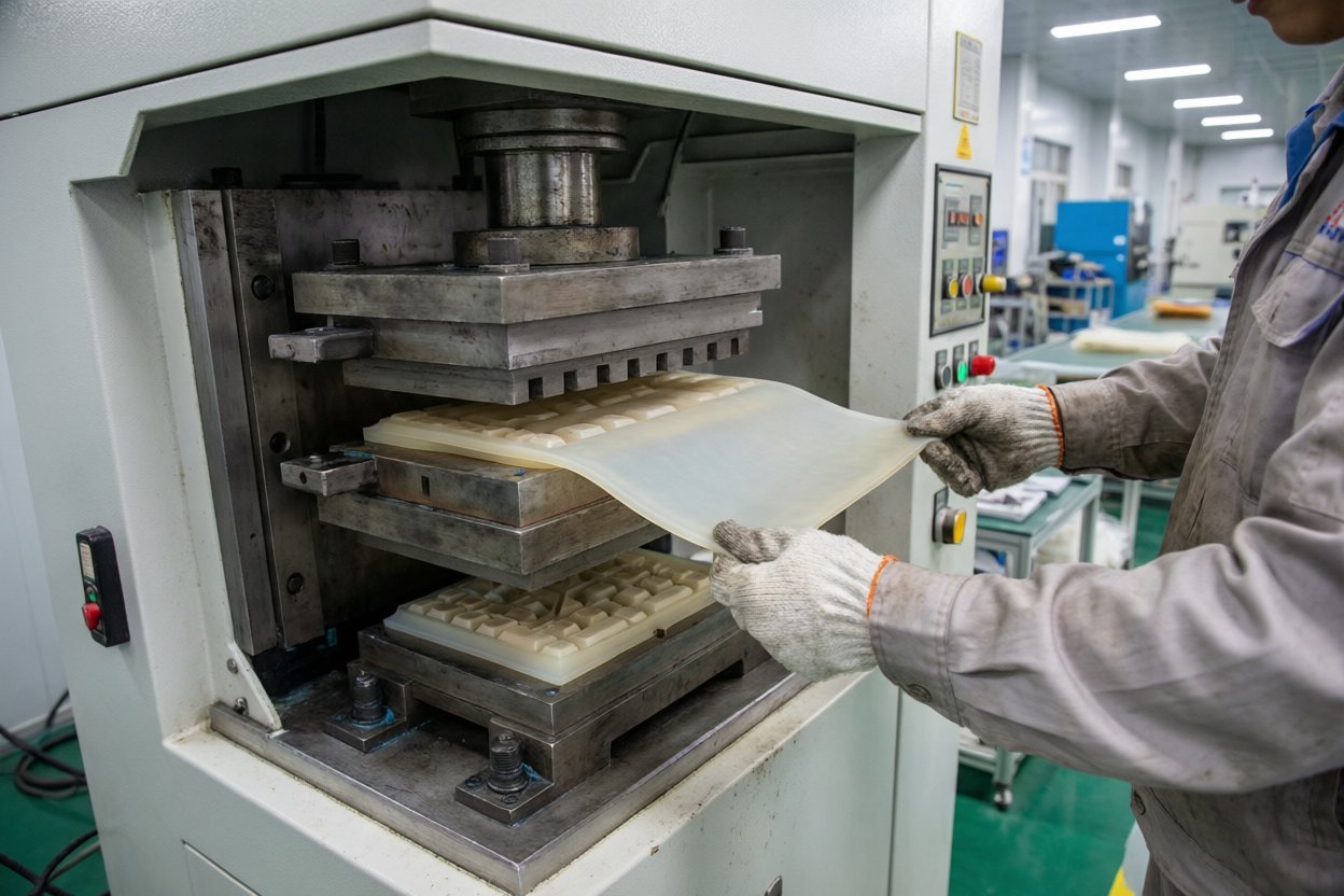 silicone compression molding process at FromRubber factory with hydraulic vacuum press and operator