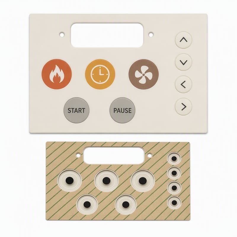 Backing plate with cutout openings that hold silicone keypad buttons in an industrial panel