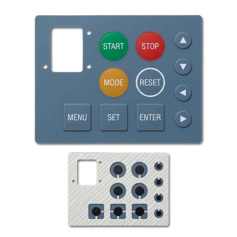 Industrial control panel with START, STOP, MODE, RESET and direction keys and matching mounting plate