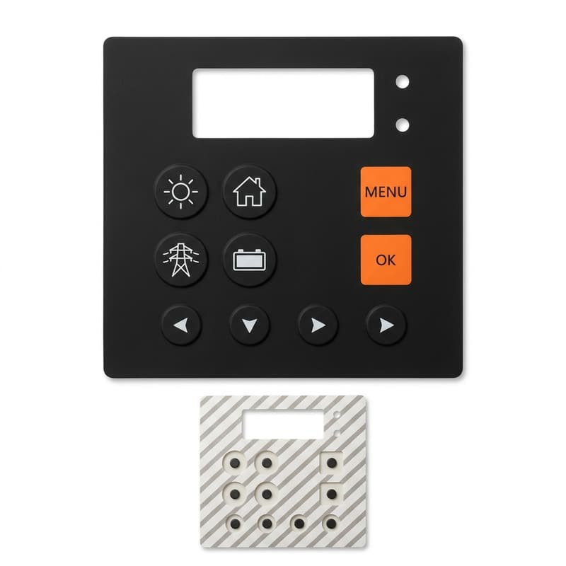Silicone keypad with icon keys for sun, home, power grid and navigation on an industrial panel