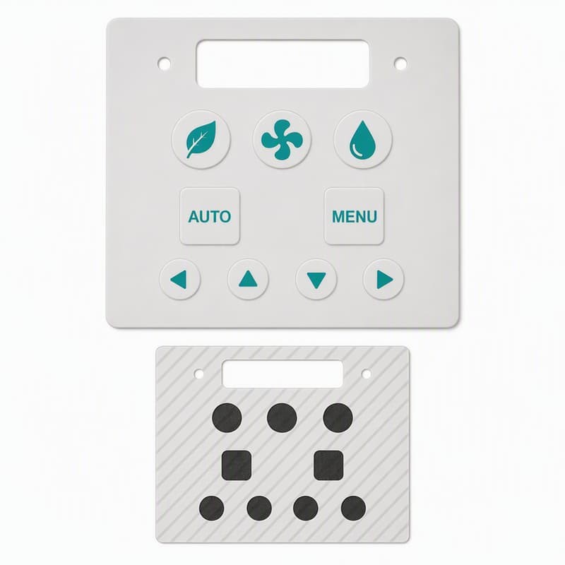 Industrial silicone control panel with AUTO, MENU and navigation keys on a white faceplate