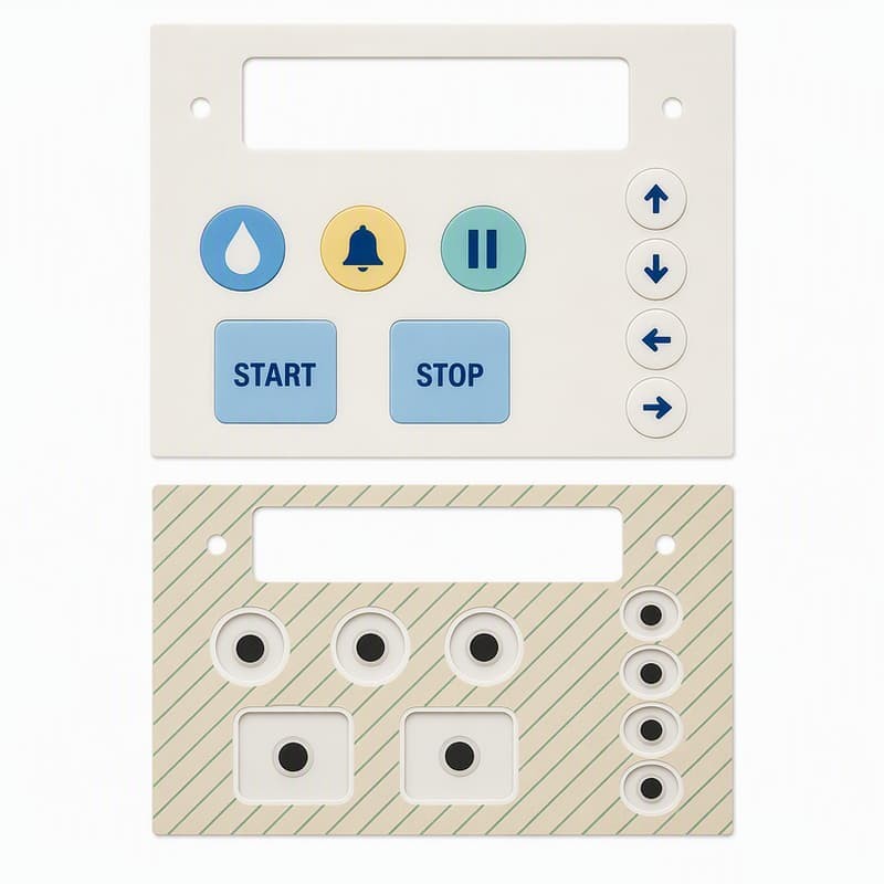 Silicone keypad panel with START, STOP and navigation keys on a cream faceplate