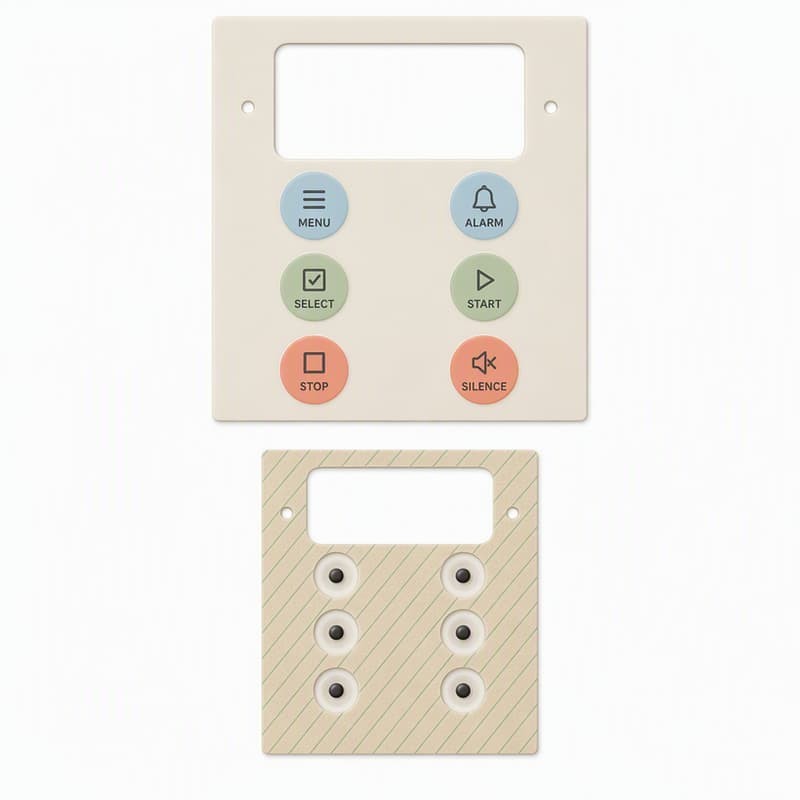 Silicone control panel with MENU, ALARM, SELECT, START and SILENCE keys on a beige faceplate