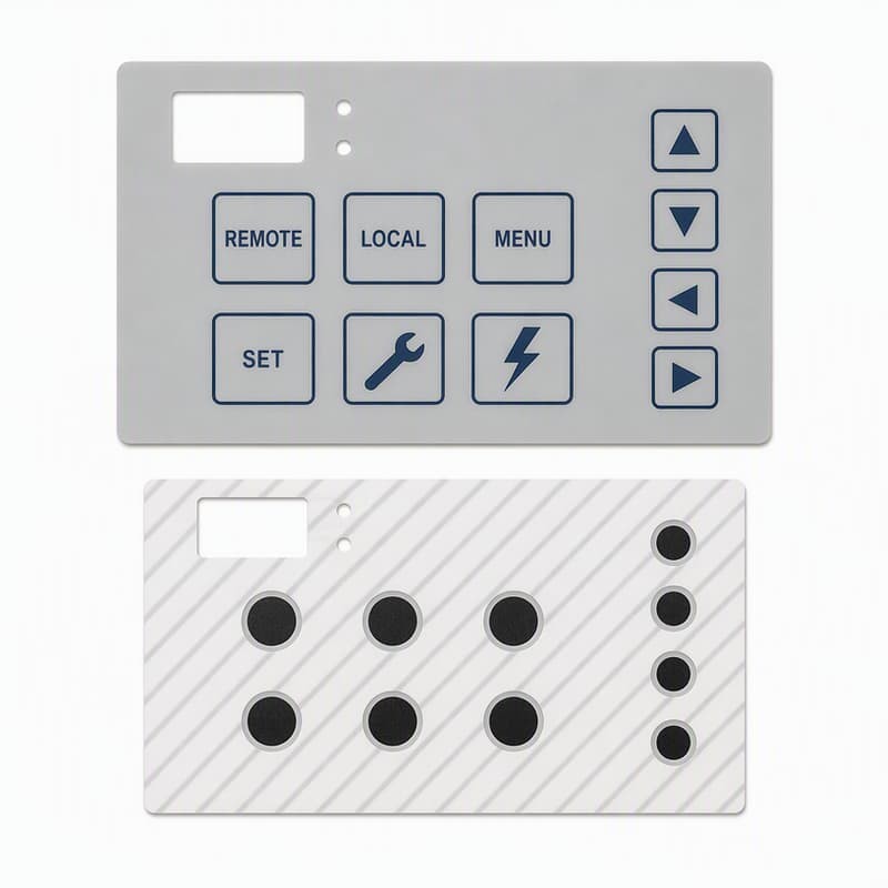 Industrial silicone control panel with REMOTE, LOCAL, MENU, SET and navigation keys on a grey faceplate