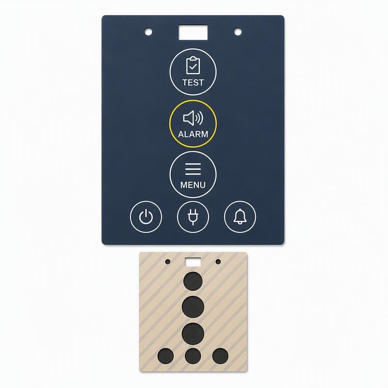 Dark blue silicone panel with TEST, ALARM, MENU and power keys on an industrial faceplate