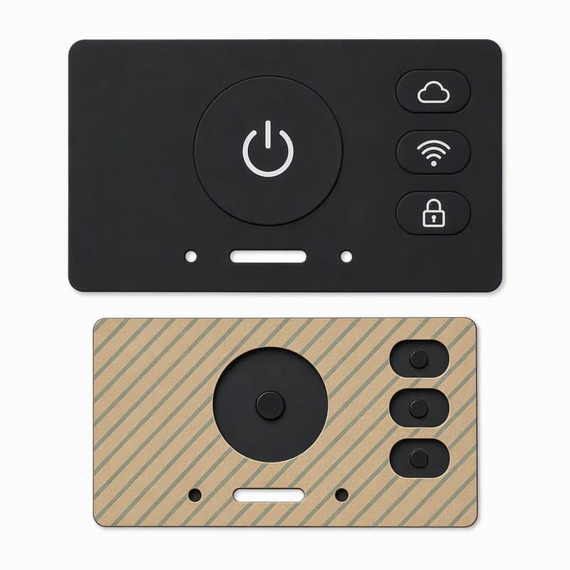Black silicone panel with large power button and cloud, wifi, lock icons on an industrial faceplate