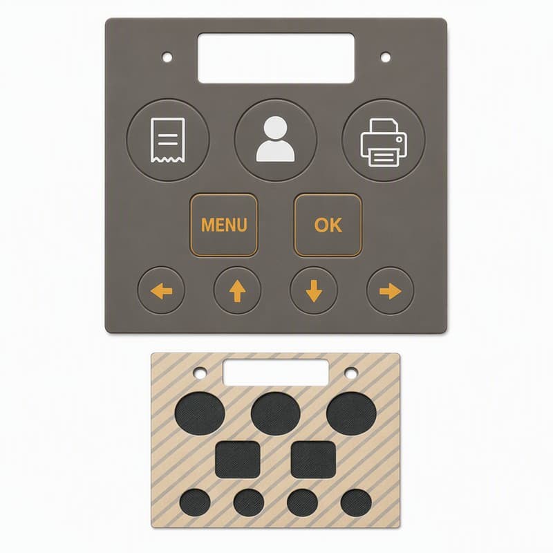 Control room silicone keypad with receipt, user, printer icons and MENU, OK keys on a brown faceplate