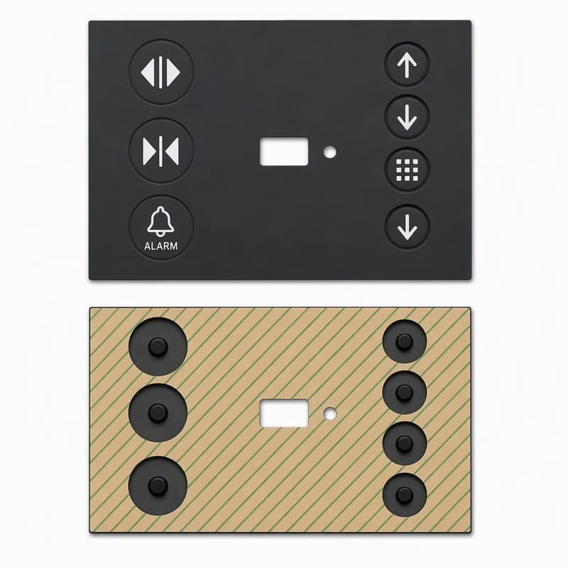 Black control panel keypad with playback, alarm, navigation and grid keys on an industrial faceplate
