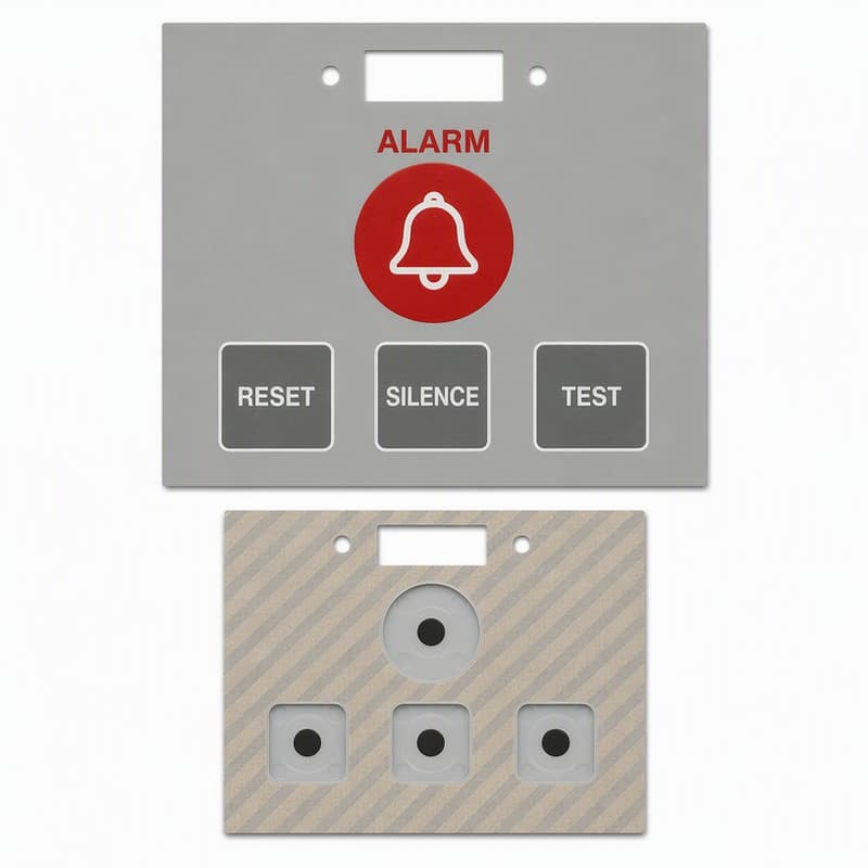 Alarm control panel with red ALARM bell and RESET, SILENCE, TEST keys on a grey faceplate