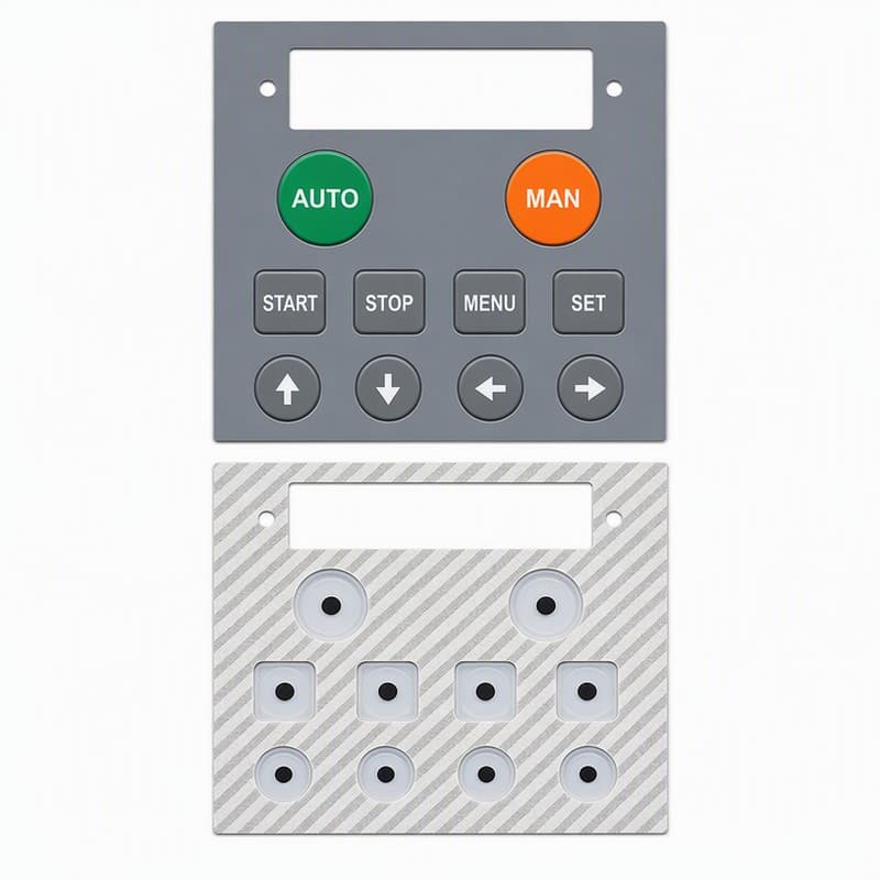 Vehicle control panel with AUTO, MAN, START, STOP and navigation keys on a grey faceplate