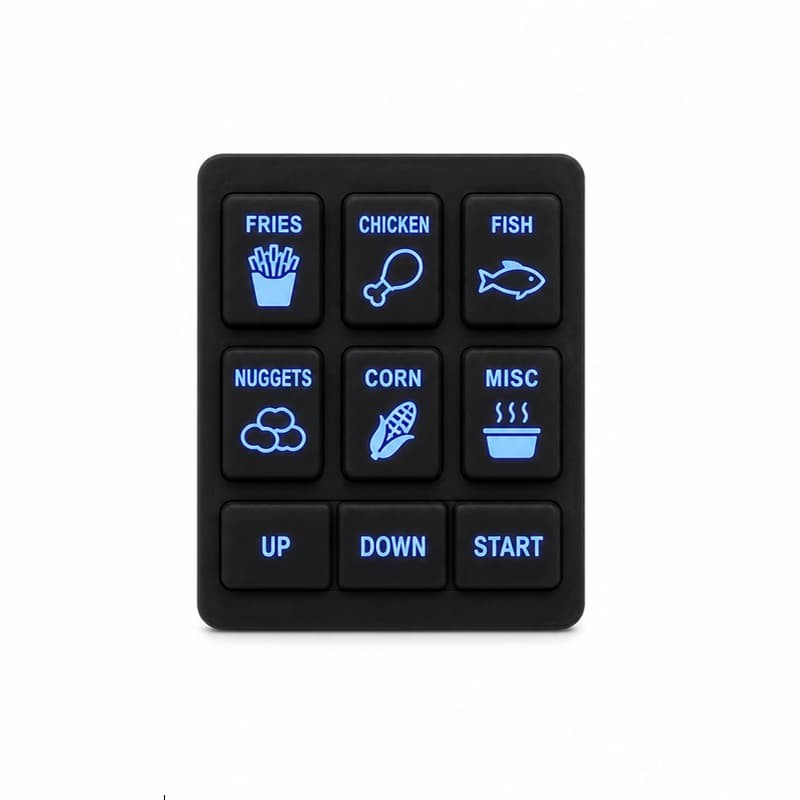 Commercial fryer silicone keypad with FRIES, CHICKEN, FISH, NUGGETS and START keys on a black backlit faceplate