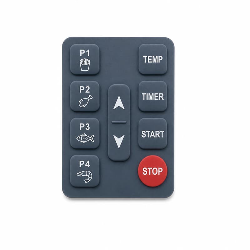 Commercial fryer control keypad with P1-P4, TEMP, TIMER, START and red STOP keys on a dark faceplate