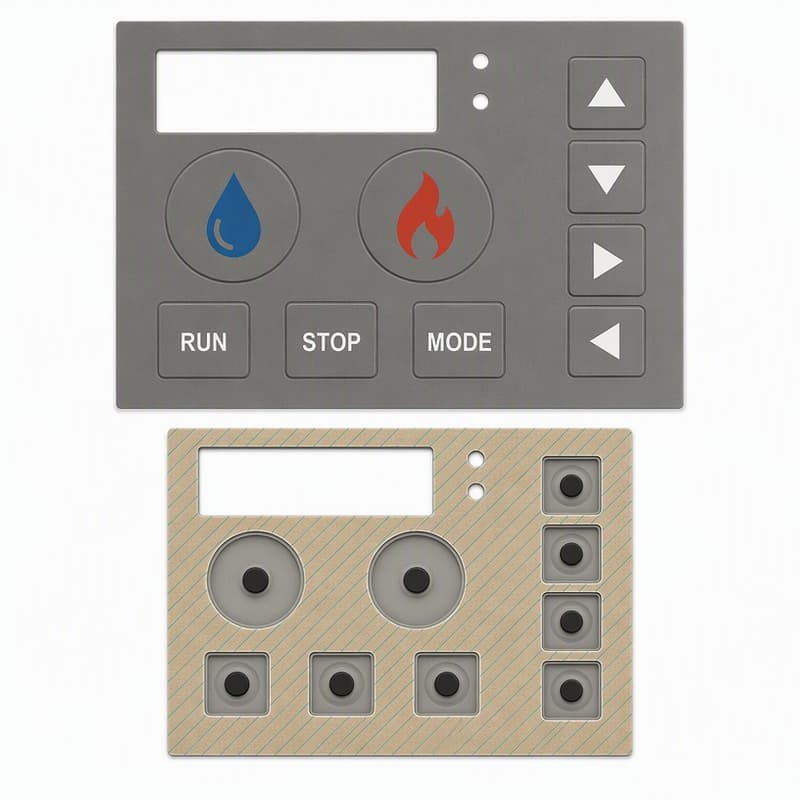 Industrial oven control panel with water drop, flame icons and RUN, STOP, MODE keys on a grey faceplate