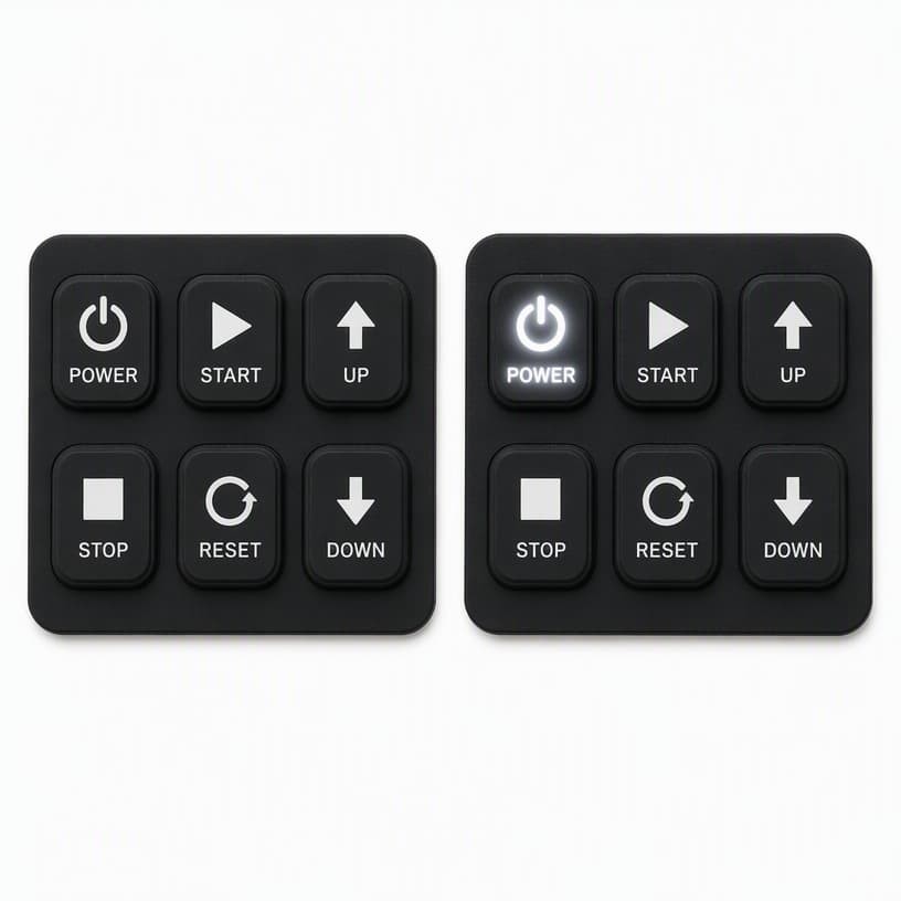 Two versions of a six-key control pad, one with a backlit power key