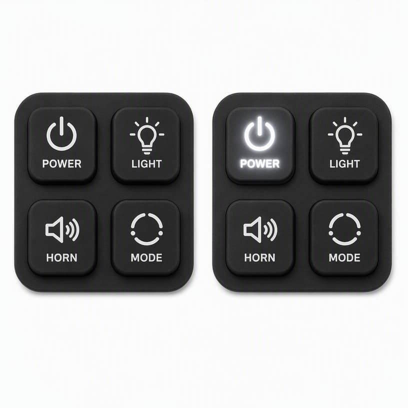Two two-by-two control pads, right pad with a glowing power key