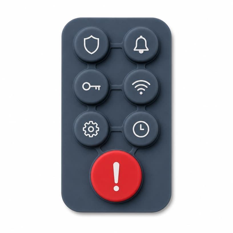 Dark gray control panel with eight round buttons including a red emergency button