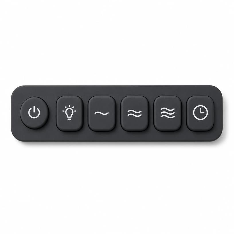 Black device control pad with power key, long plus-minus rocker and water, flame and clock icons